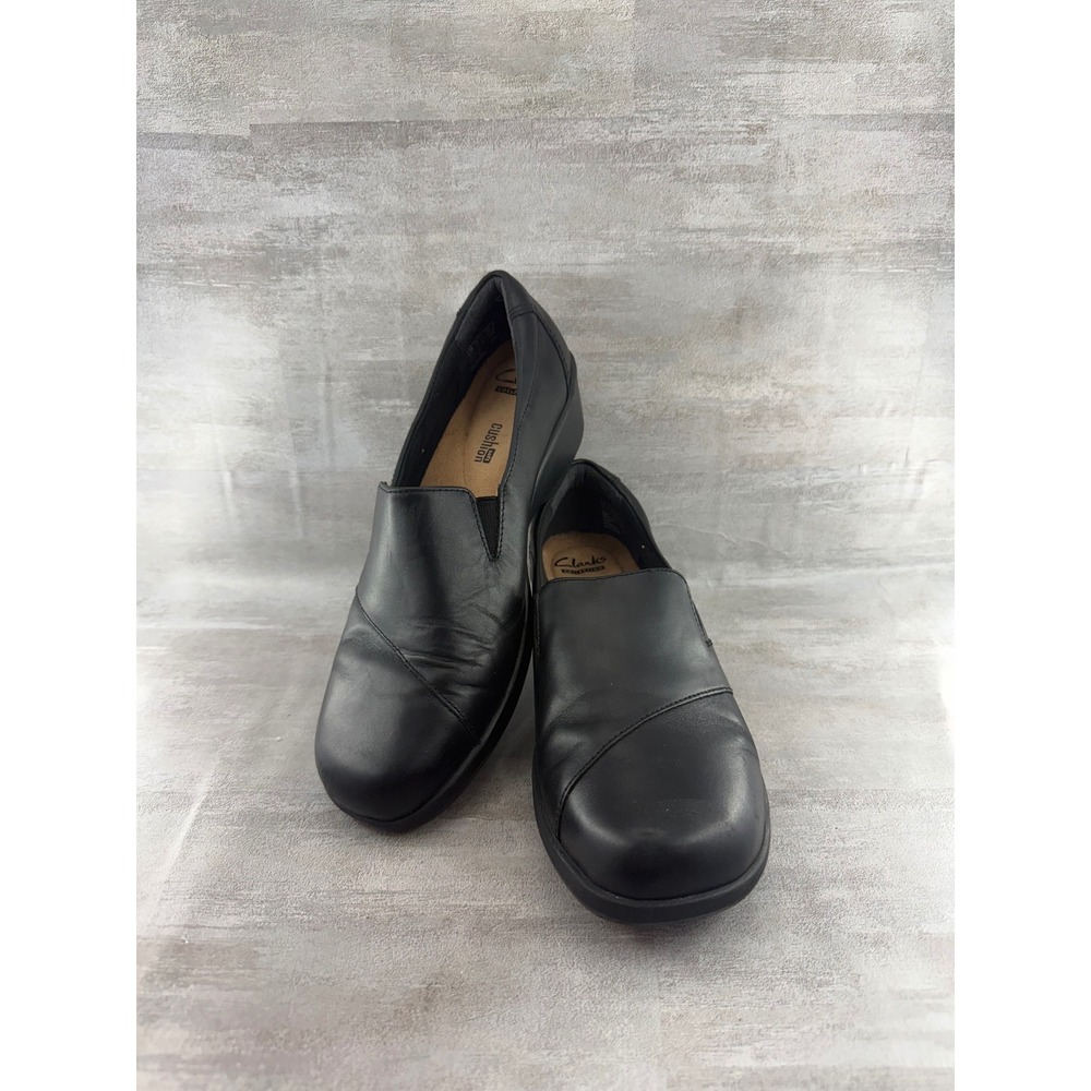 Clarks Collection Women Black Leather Slip On Wedge Loafers Cushion Soft Sz 9M